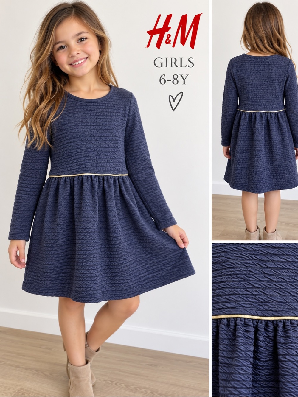 H&M Girls 6–8Y Navy Textured Long Sleeve Dress Gold Trim